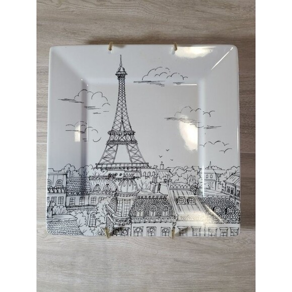 222 Fifth City Scenes Eiffel Tower Plate 8" Square Black & White Fine Porcelain - Picture 2 of 6